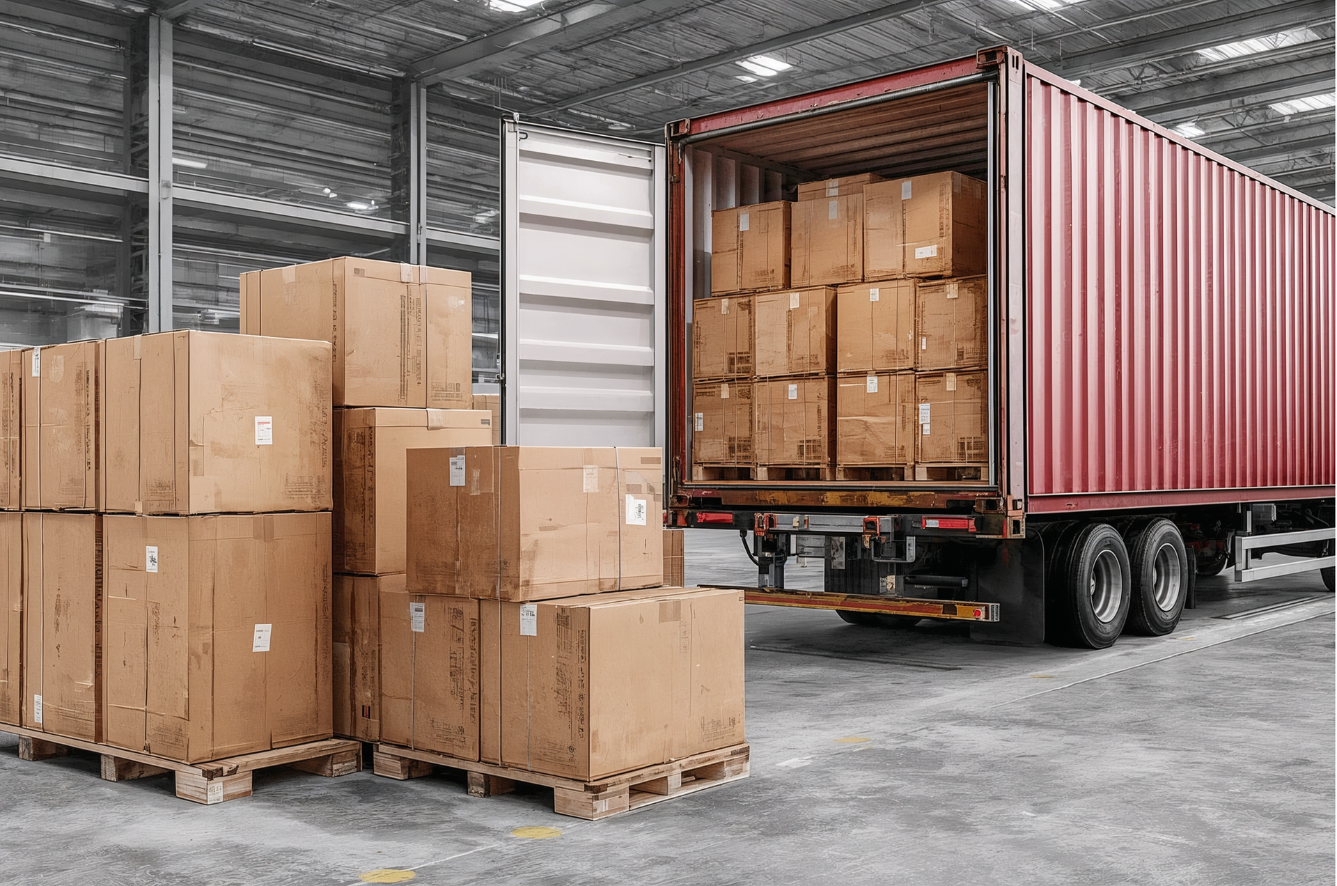 Cardboard boxes on pallets being loaded into a red shipping container in a warehouse.