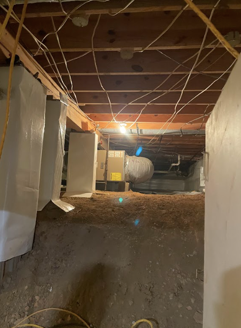 A basement with a lot of wires hanging from the ceiling.