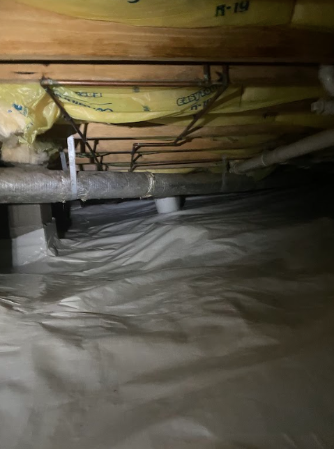 A basement with a lot of pipes and a lot of insulation.