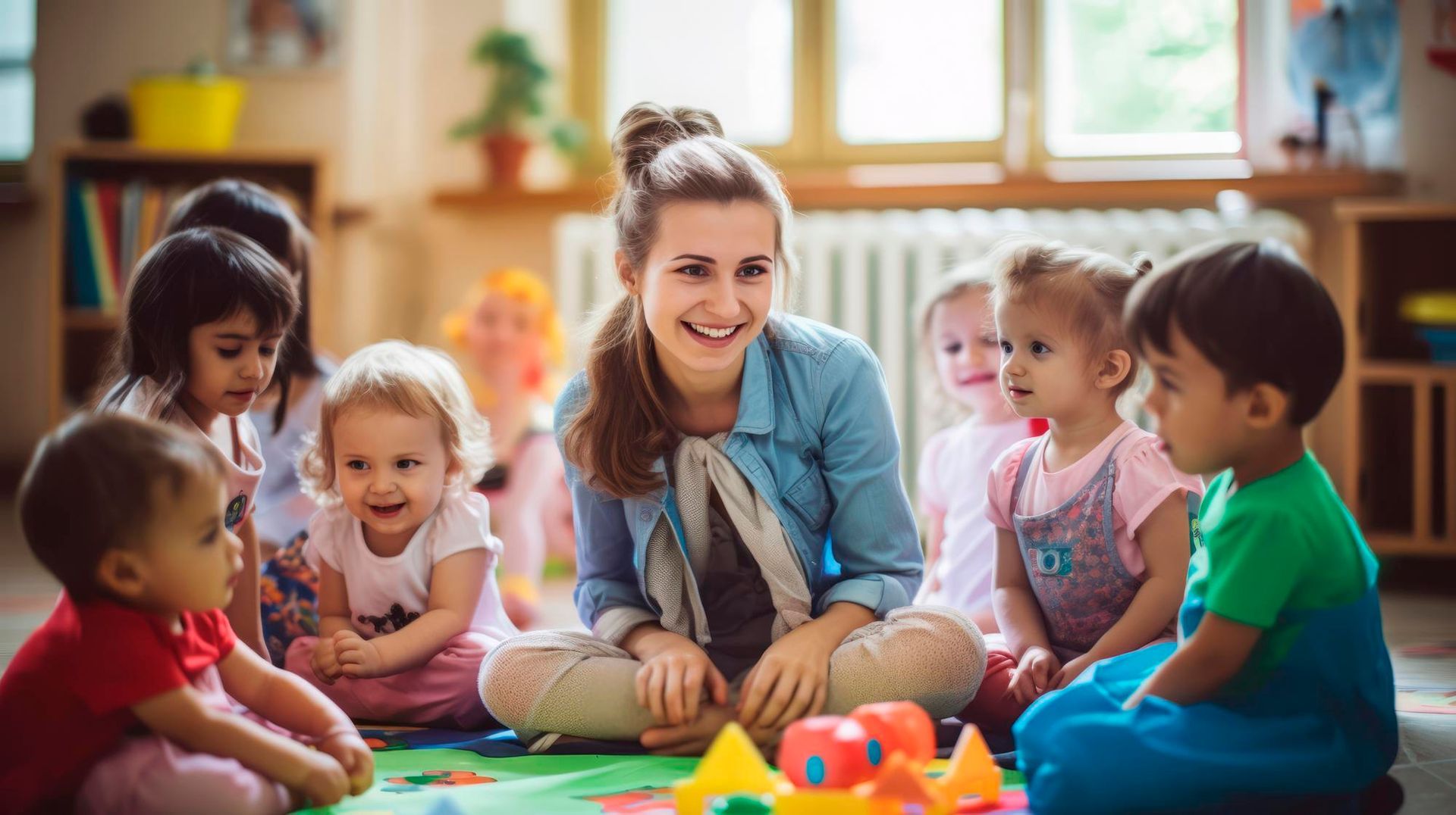 A woman is sitting on the floor with a group of children playing with toys.