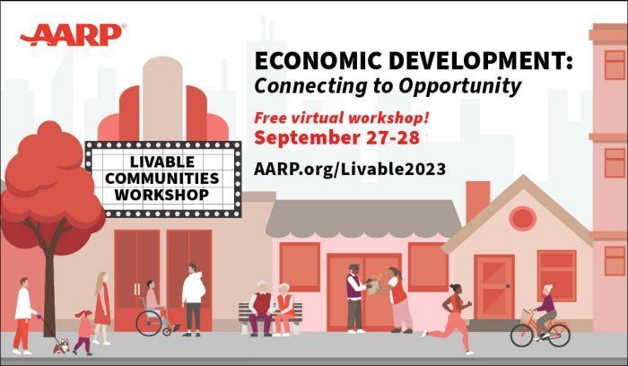 An advertisement by AARP Livable Communities Workshop featuring a graphic of a community main street with a movie theater