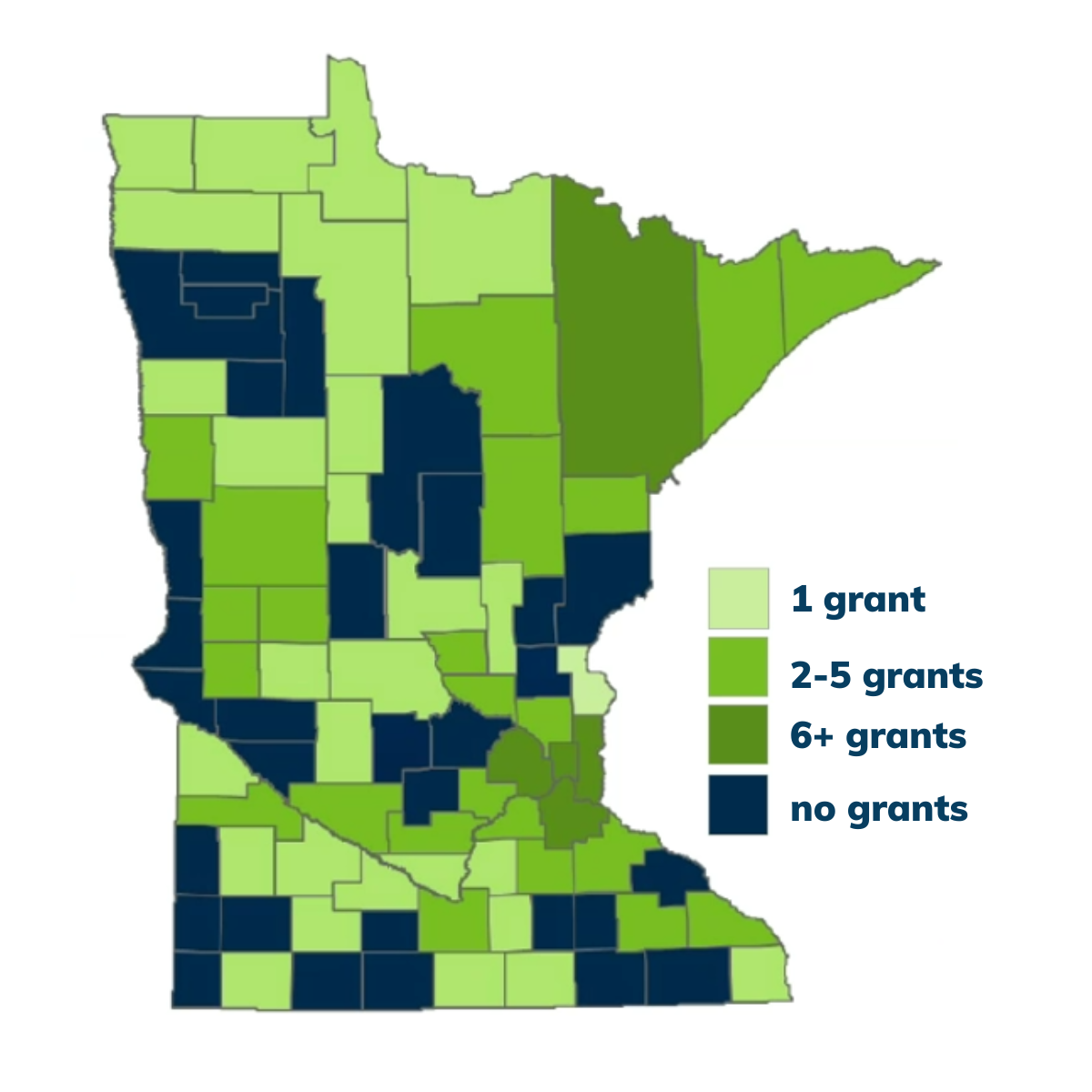 A map of Minnesota's counties showing the number of grants per county, ranging from no grants to 6+ grants