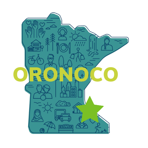 a blue map of the state of Minnesota with the word Oronoco and a green star in the south east part of the state