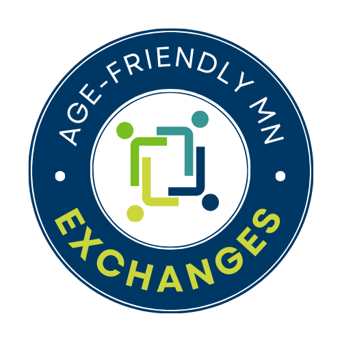 A blue circle with the icon of a hand with a green heart in the center. The words Age-Friendly Minnesota encircle the icon