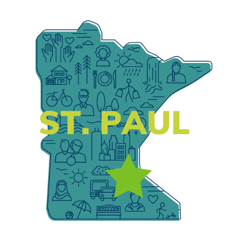 a blue map of the state of minnesota with the words St. Paul and a green star in the middle of the state
