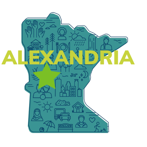 a blue map of the state of Minnesota with the words Alexandria and a green star in the middle of the state