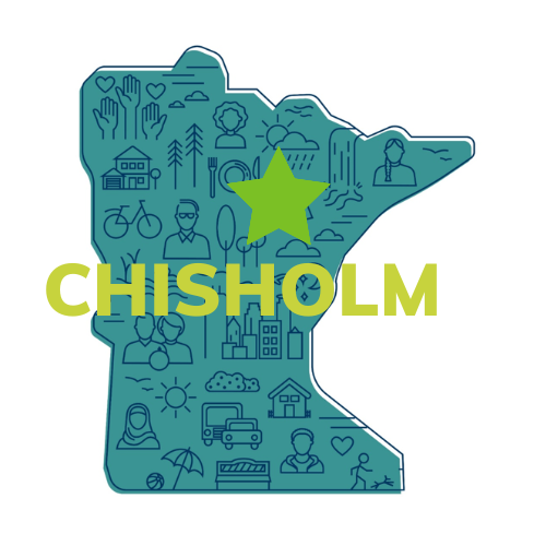 a blue map of the state of Minnesota with the word Chisholm and a green star in the northern part of the state