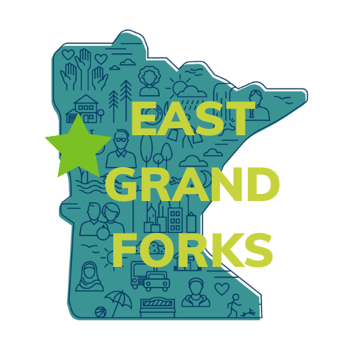a blue map of the state of Minnesota with the words East Grand Forks and a green star in the northwest of the state
