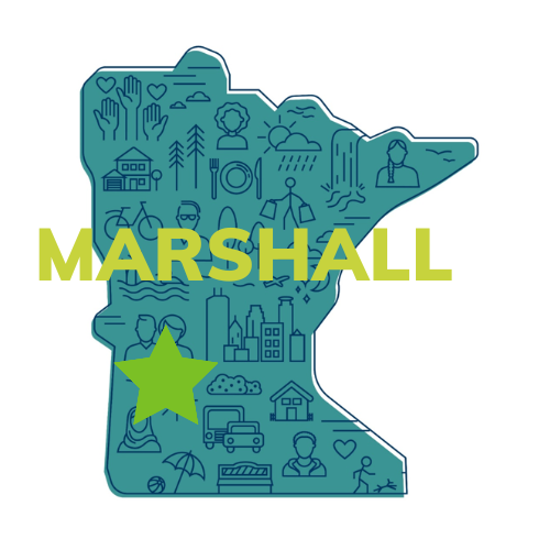 a blue map of the state of Minnesota with the word Marshall and a green star in the south west part of the state