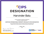 CIPS designation certificate for Harvinder Balu, with a purple and gold border.