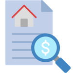 Document with a house icon and dollar sign inside a magnifying glass; financial analysis.
