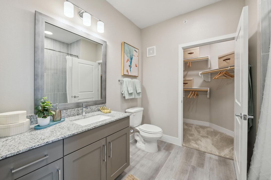 A bathroom with a sink , toilet , mirror and walk in closet.