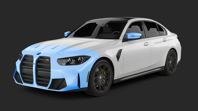 White BMW M3 sedan with light blue sections on front, against a dark background.