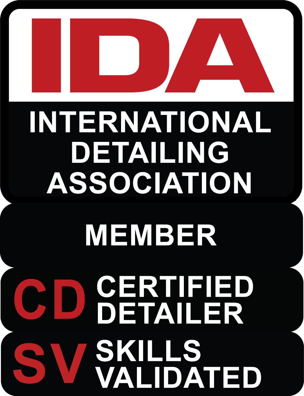 A sign that says international detailing association member cd certified detailer sv skills validated