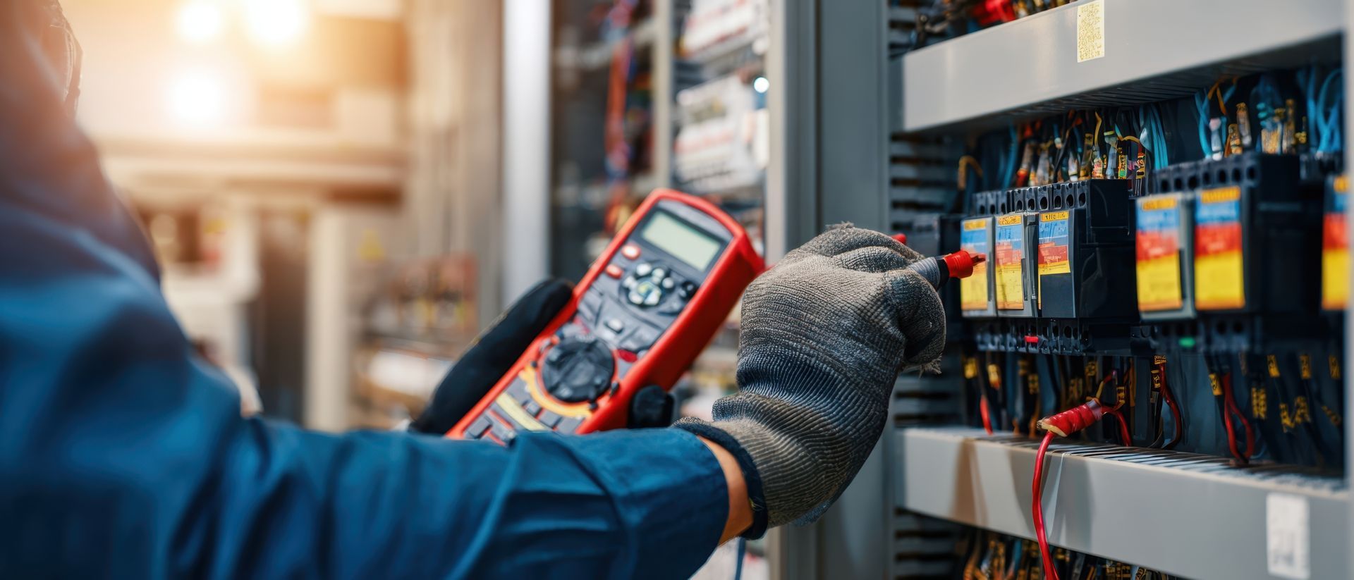 An electrician uses a multimeter to inspect electrical wiring in a panel, wearing a safety glove.