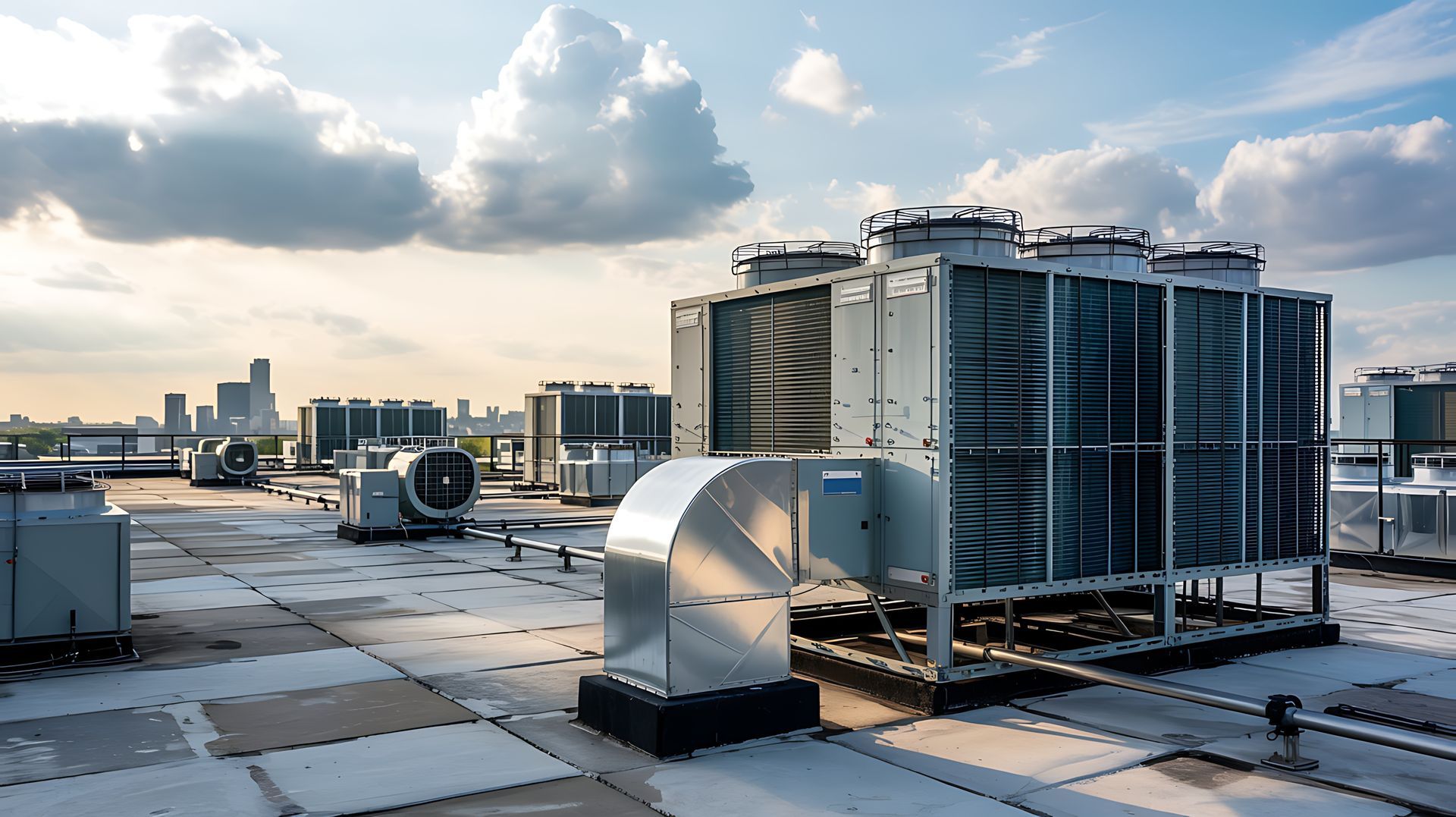 Rooftop HVAC units against a cloudy sky, with city skyline in the background.