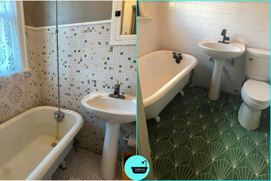 Complete bathroom remodel featuring custom tile design and a refinished clawfoot tub.