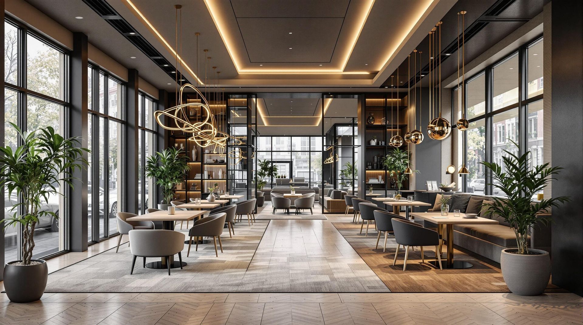 Modern restaurant interior with floor-to-ceiling windows, wooden tables, grey chairs, and potted plants under warm lighting.