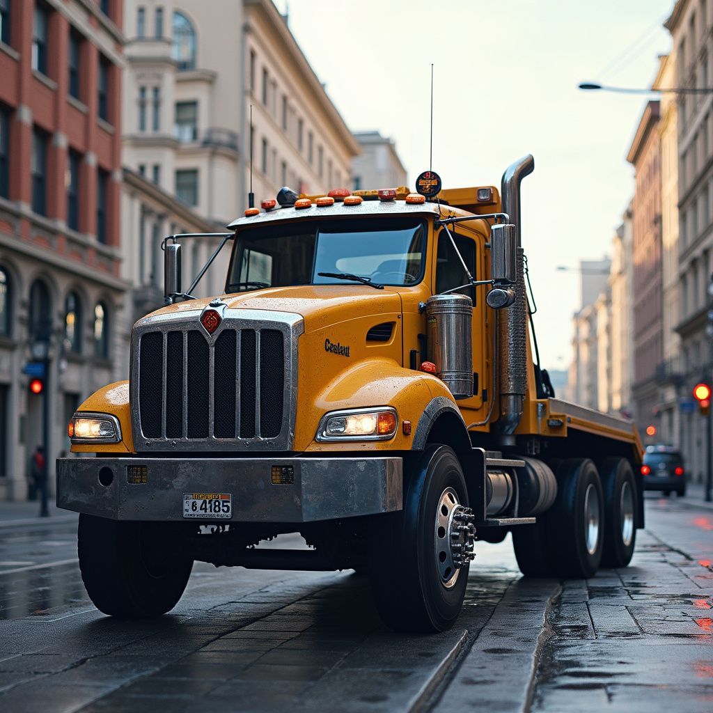 Yellow flatbed truck driving down a city street with wet pavement.