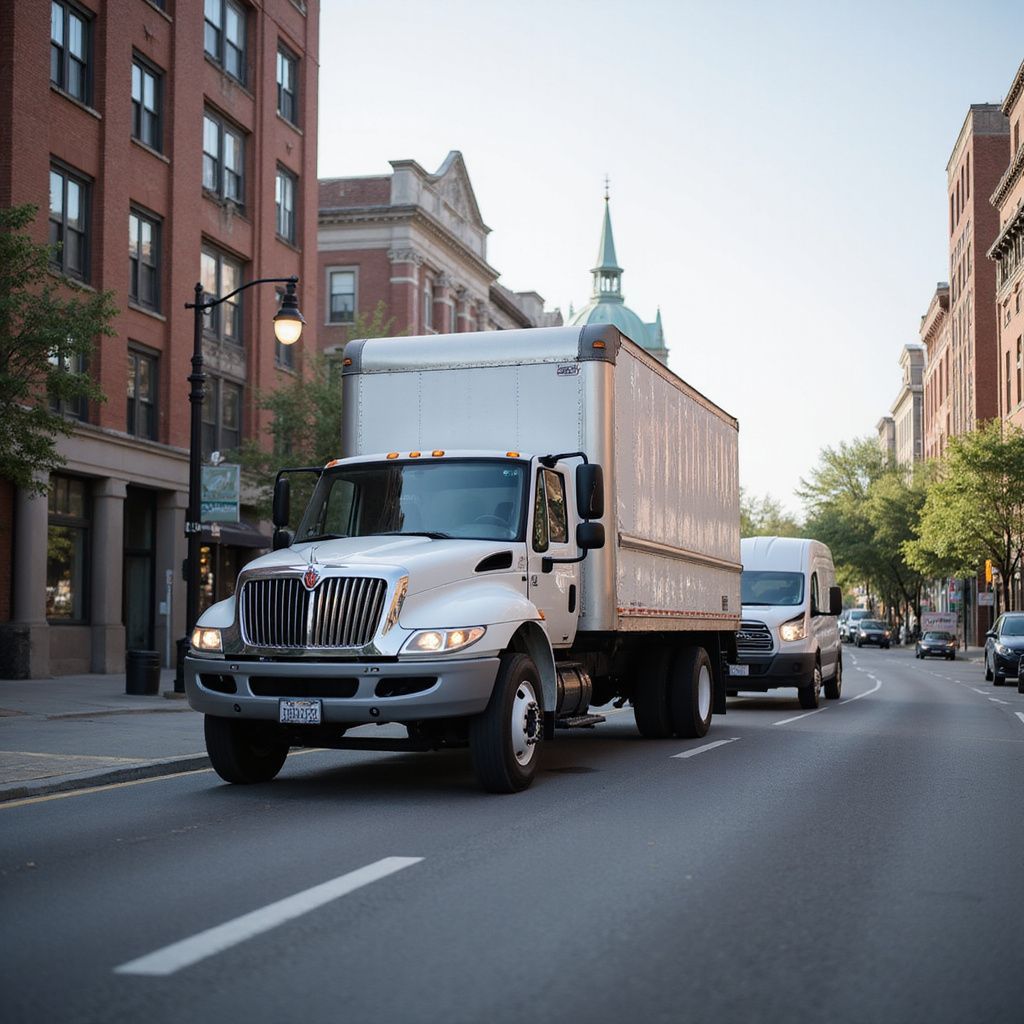 White box truck driving on city street, with brick buildings and a van following behind.