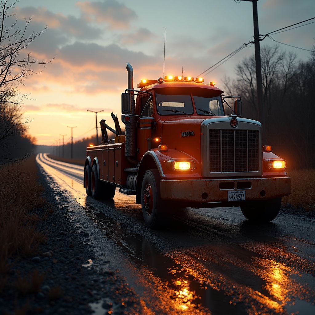 Tow truck driving down a wet road at sunset. Orange lights reflecting off the asphalt.
