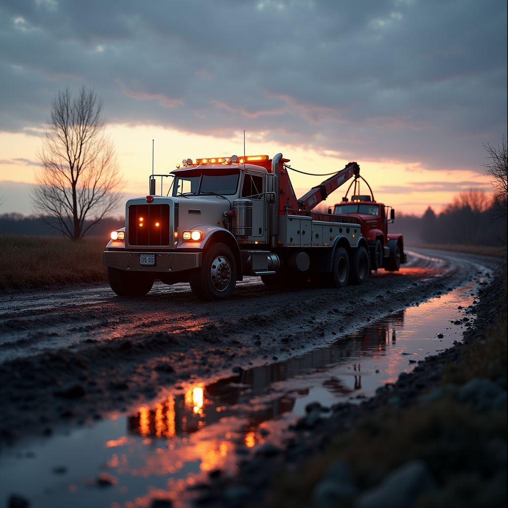 Tow truck on a muddy road at sunset, lights reflecting in puddles.