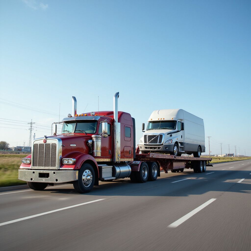 Red semi-truck hauling a white delivery truck on a flatbed trailer, driving on a highway on a sunny day.