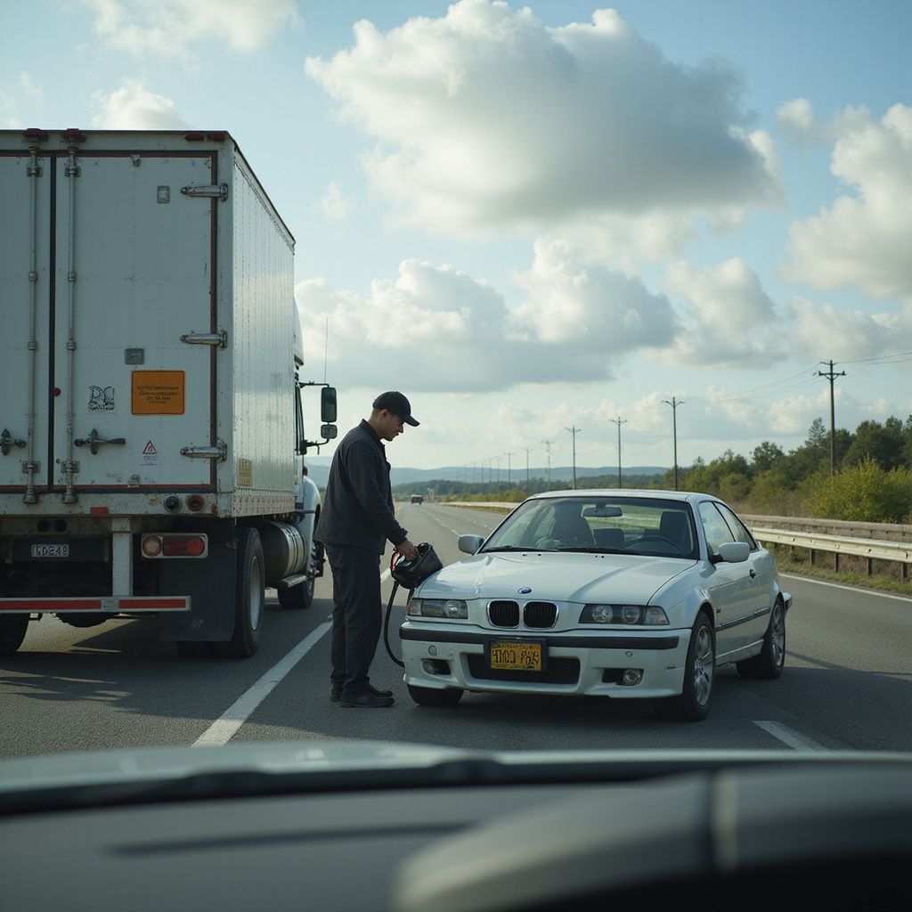Man refueling a white BMW on the side of a highway next to a semi-truck on a sunny day.