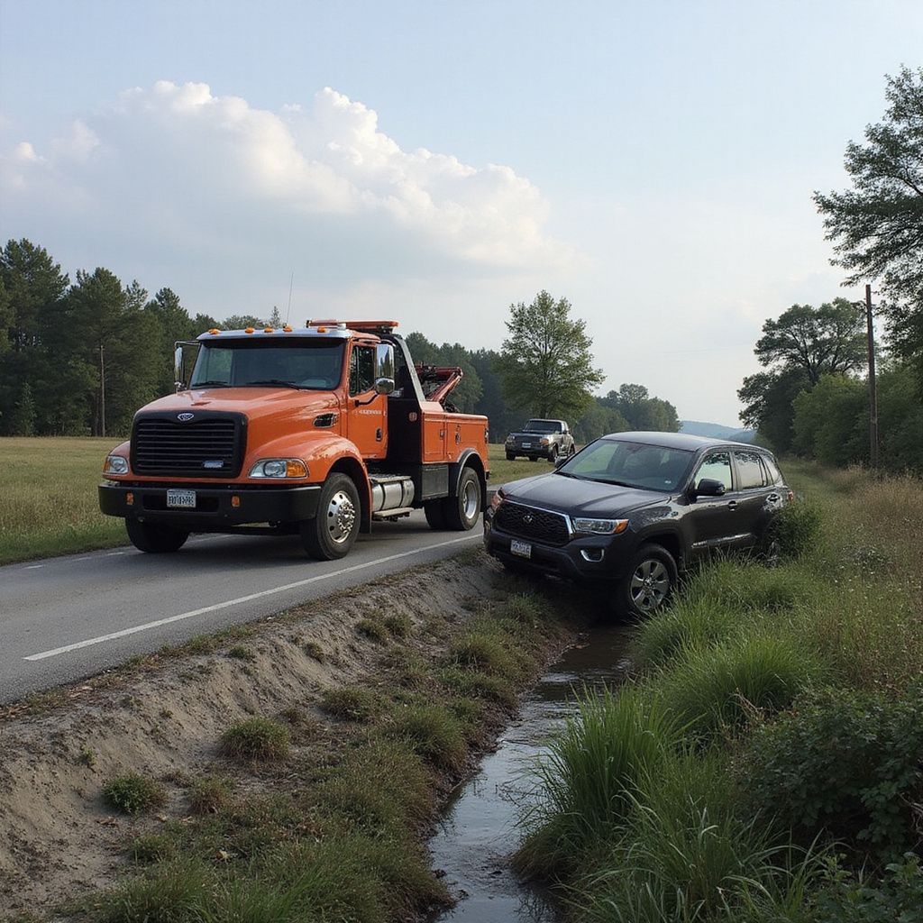 Orange tow truck pulling a black SUV from a ditch beside a rural road. Overcast day.