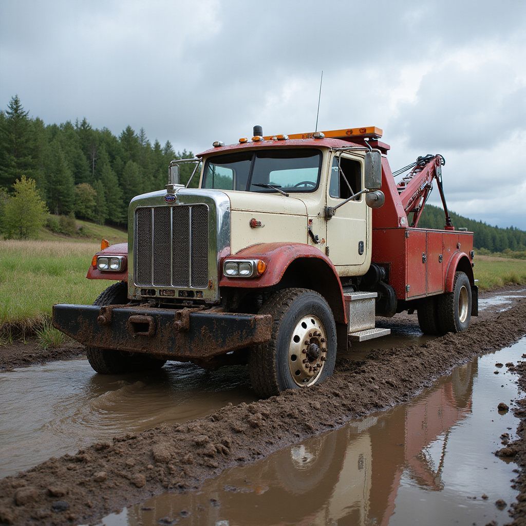 Tow truck stuck in mud on a dirt road near a field and forest.