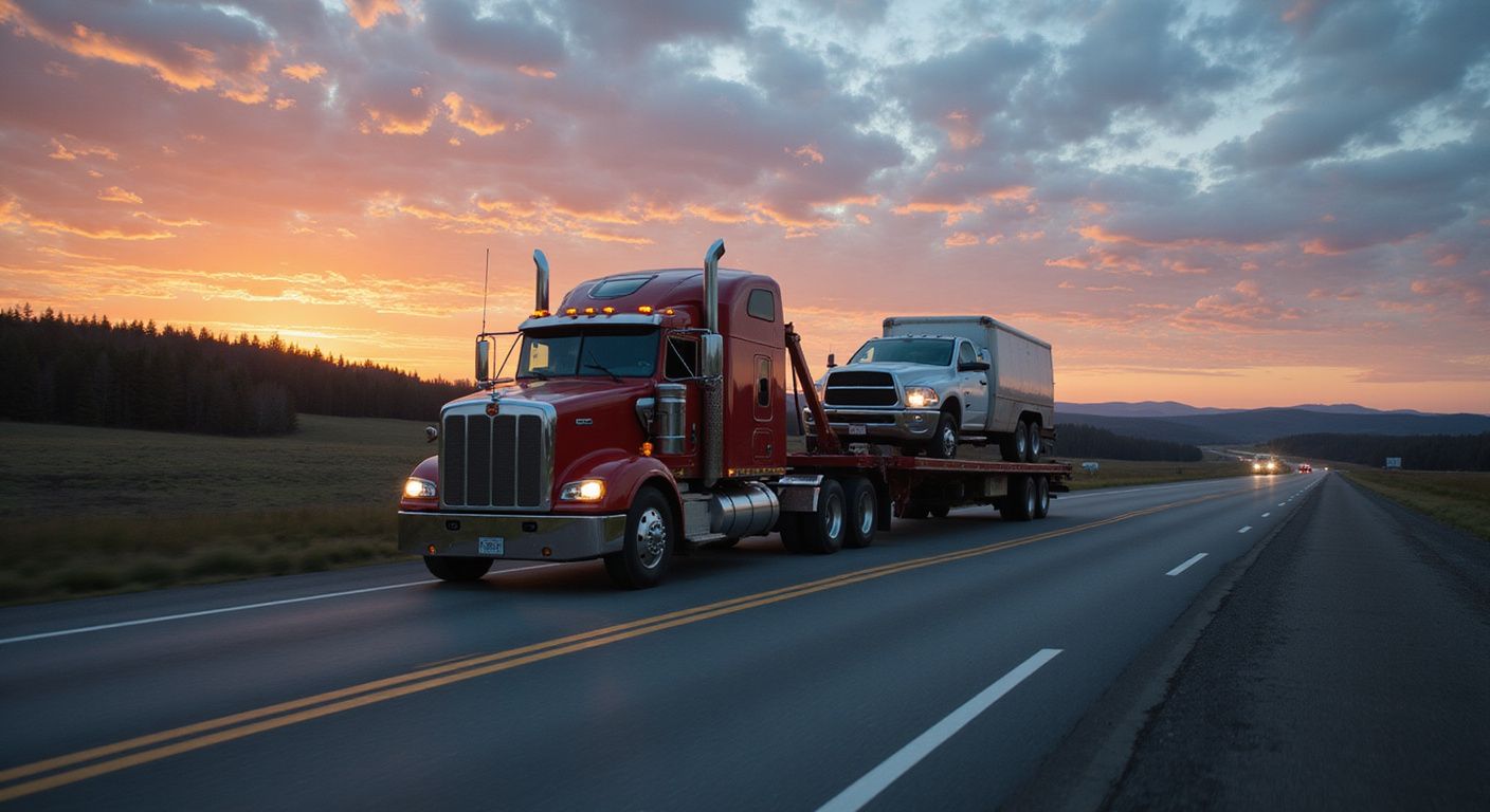 Red semi-truck hauling a white pickup truck on a highway at sunset.