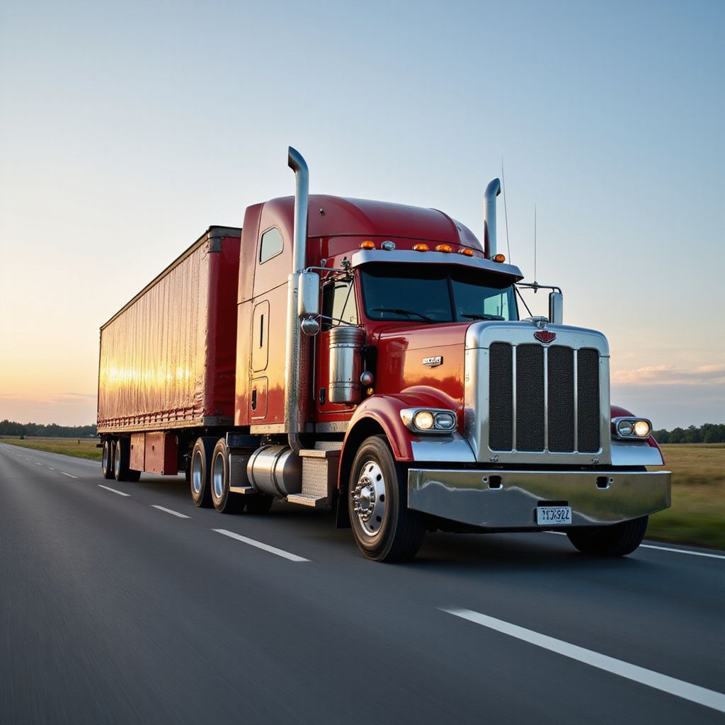 Red semi-truck driving on a highway at dusk, carrying a trailer, reflecting sunlight.
