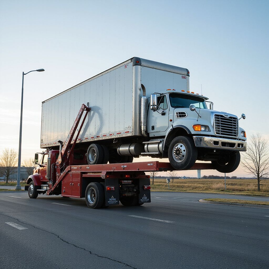 Red tow truck lifting a white semi-truck with a box trailer on a roadway under a light blue sky.