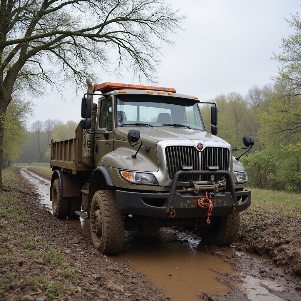 Olive green dump truck stuck in muddy road, trees in the background, overcast sky.