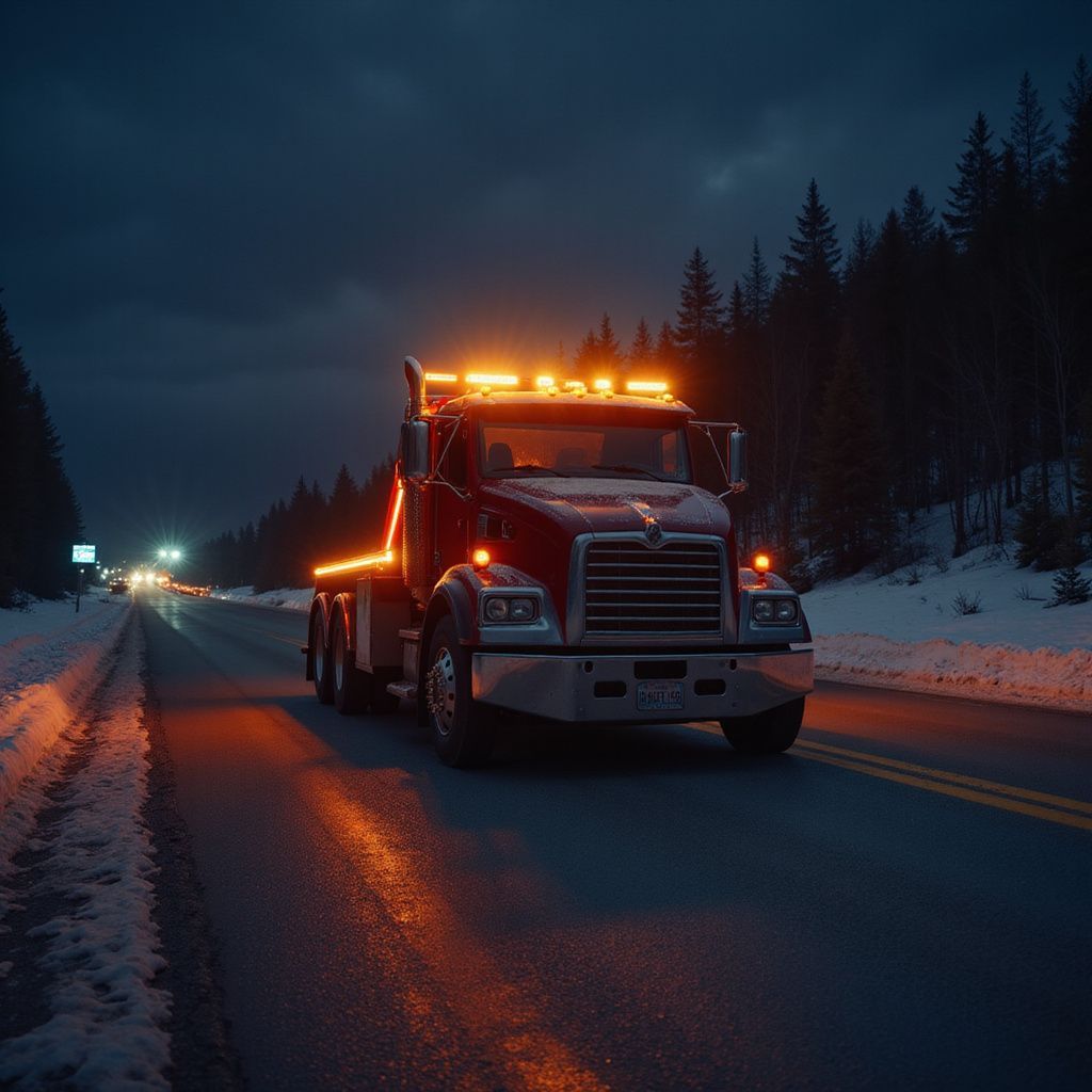 Red tow truck with flashing lights on a snowy road at dusk.