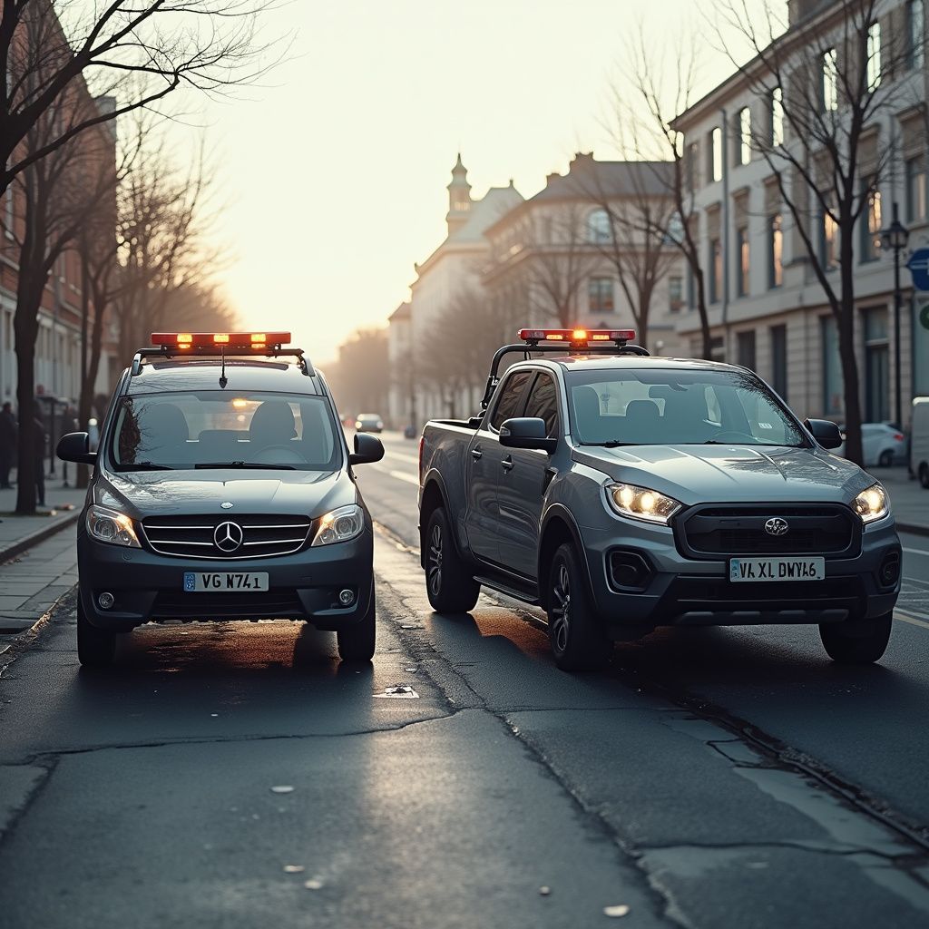 Two utility vehicles with flashing lights on a city street.