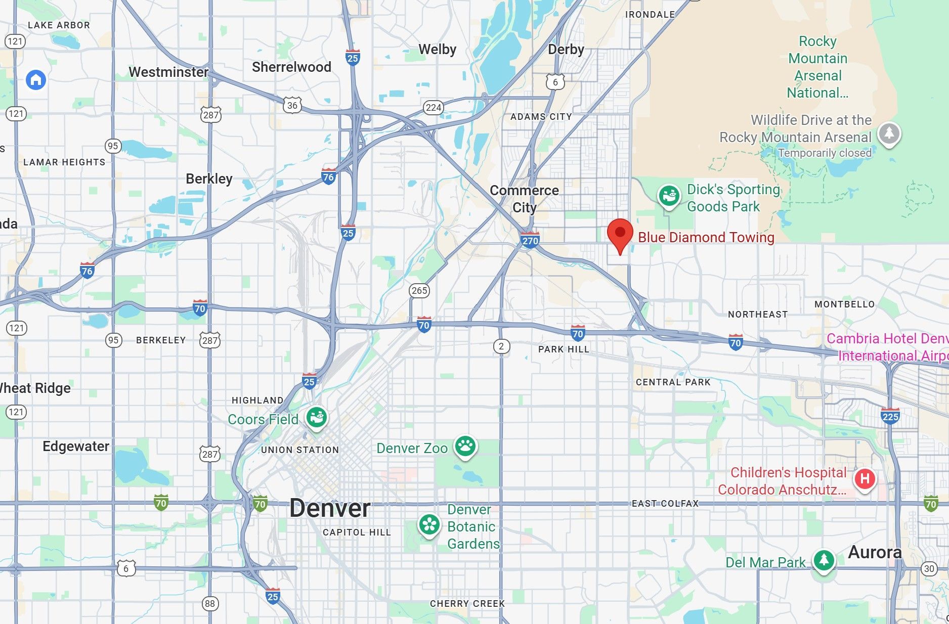 Map of Denver, Colorado, with a red marker indicating a location, likely for a business or destination.
