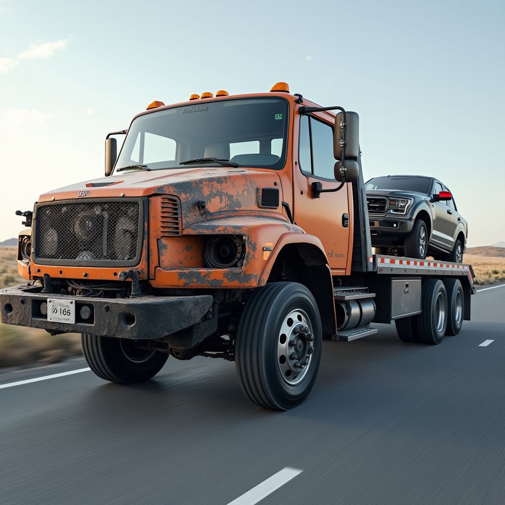 Orange tow truck carrying a black SUV on a highway in a desert landscape.