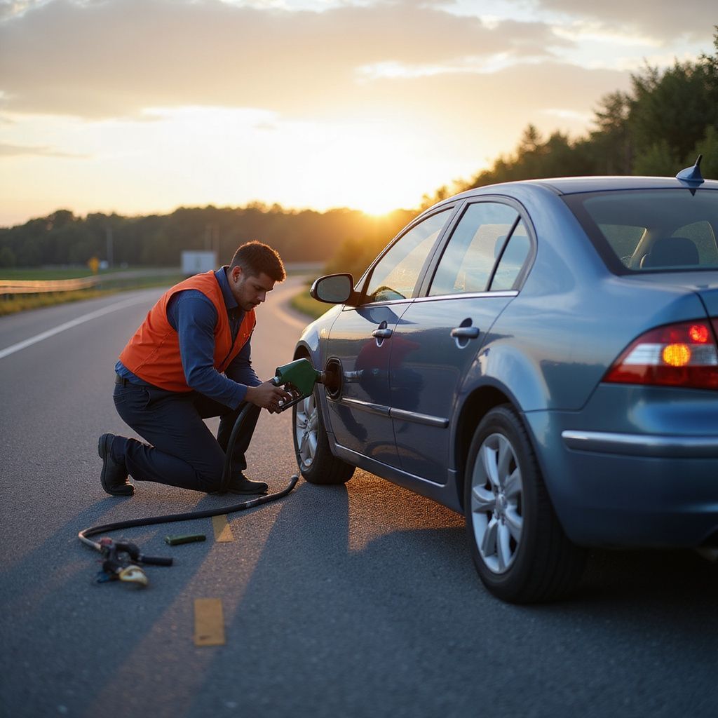 Man kneeling by blue car, refueling with pump on side of road at sunset.