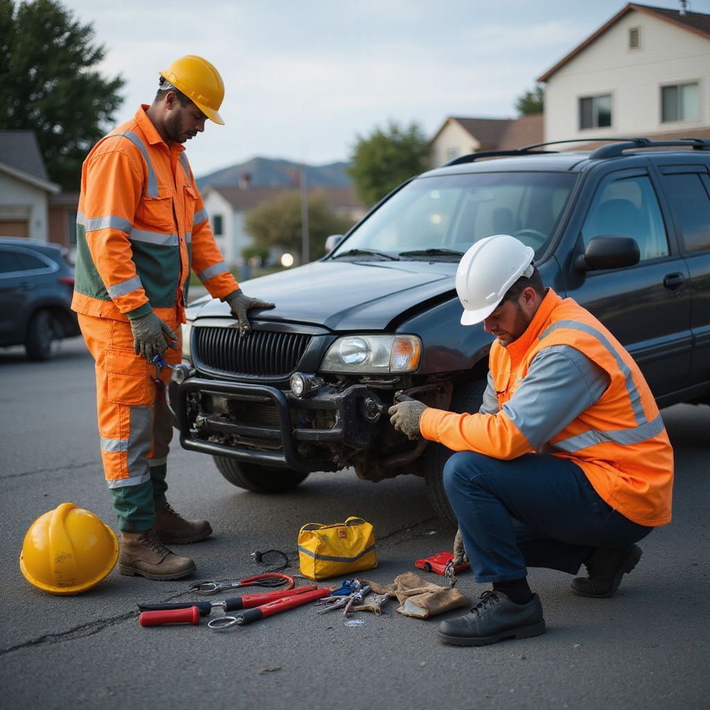 Two workers in safety vests inspect a damaged car on a residential street. Tools are scattered nearby.