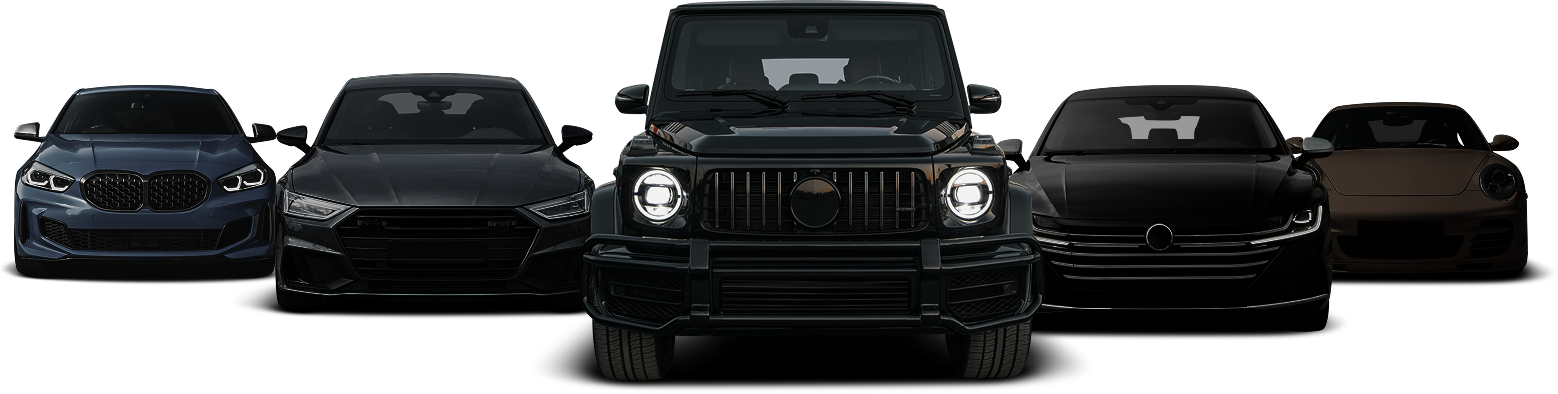 Five black cars lined up front-facing | Kelly Automotive