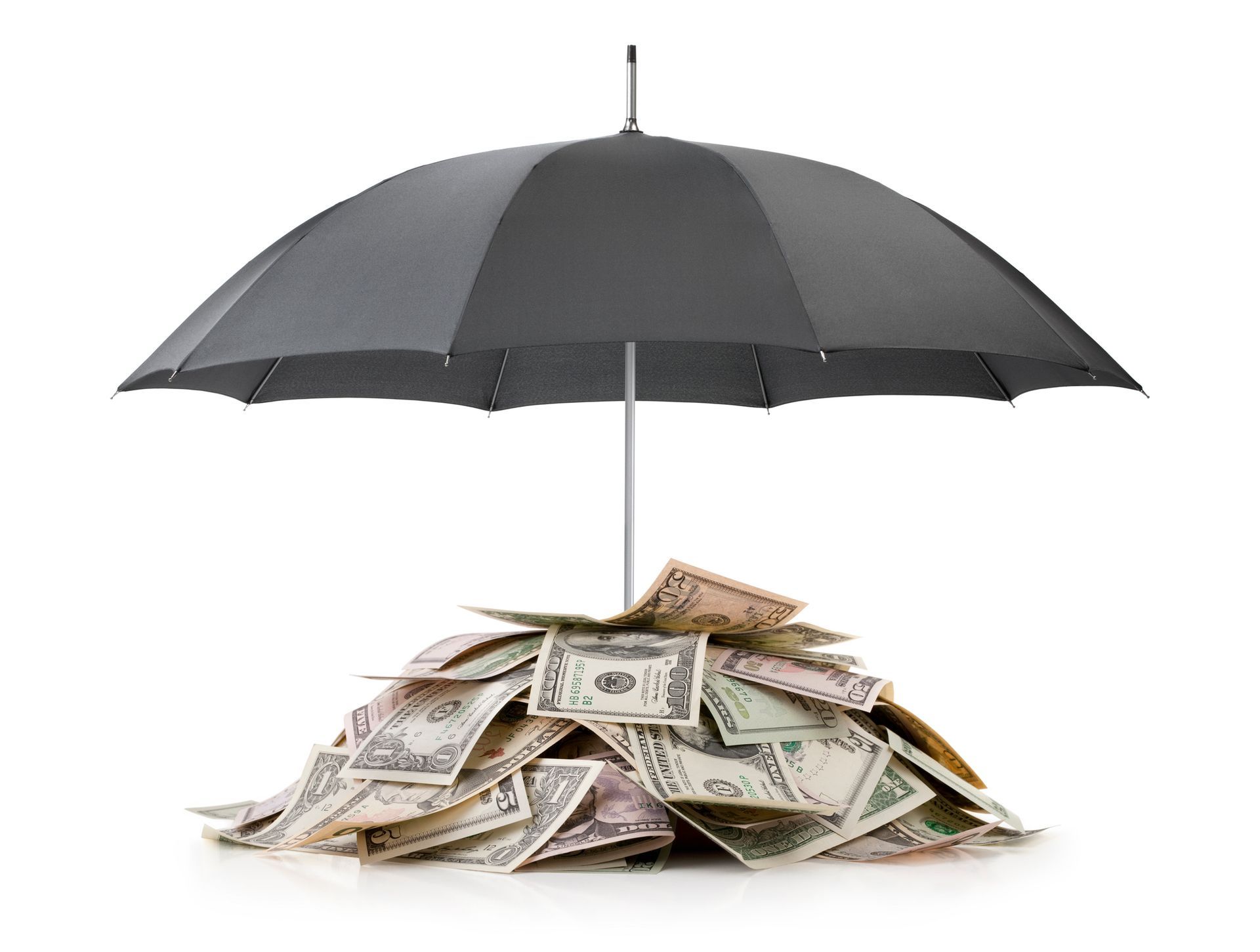 A black umbrella is covering a pile of money
