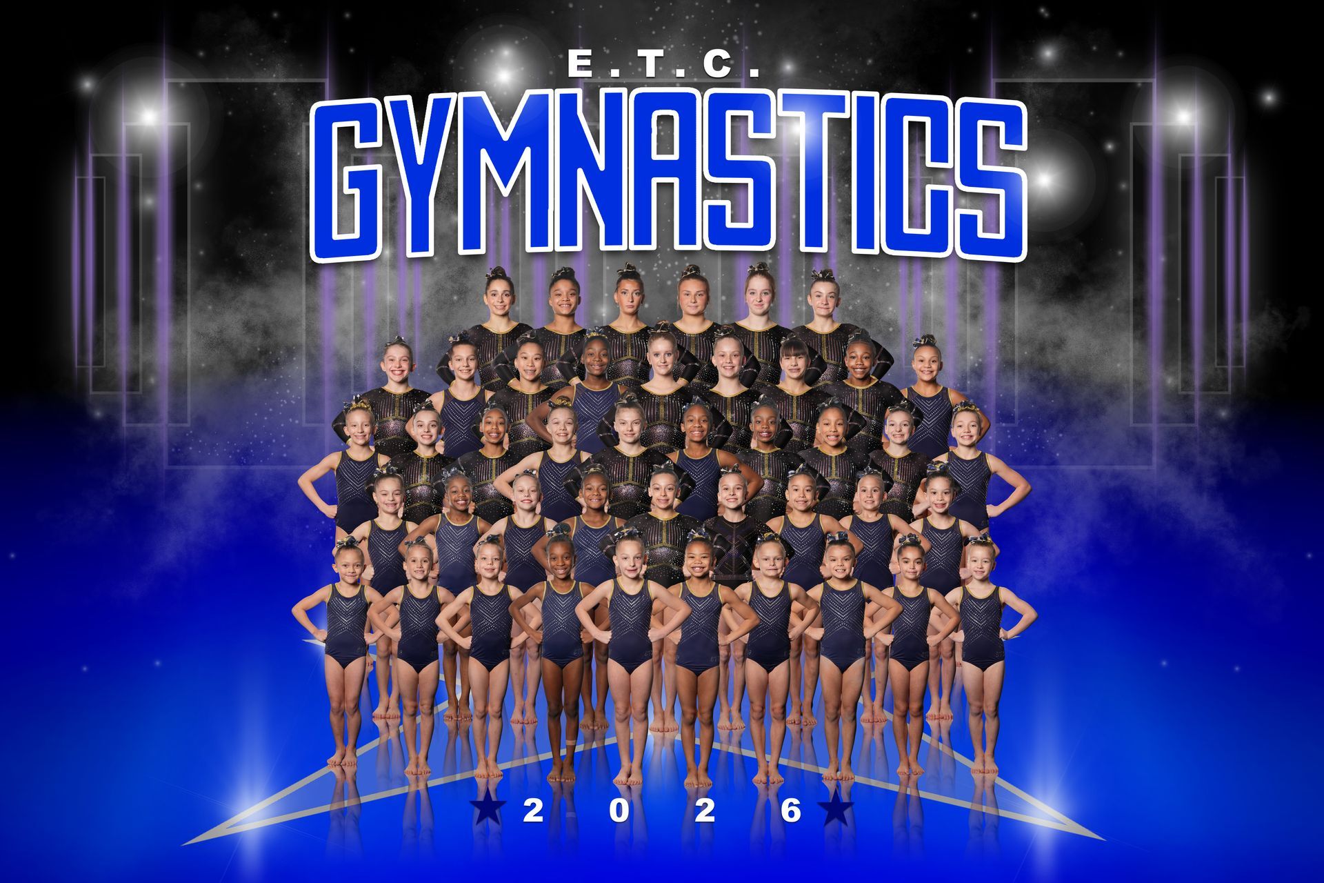 Three female gymnasts are standing next to each other with their arms in the air