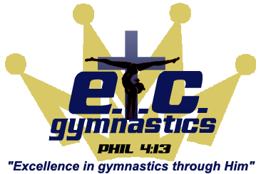 A logo for etc gymnastics with a cross and a crown