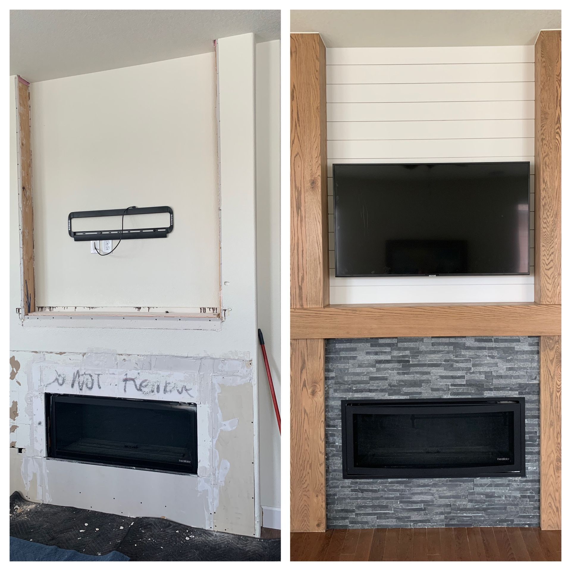 Updated fireplace with custom designed mantel and trim 