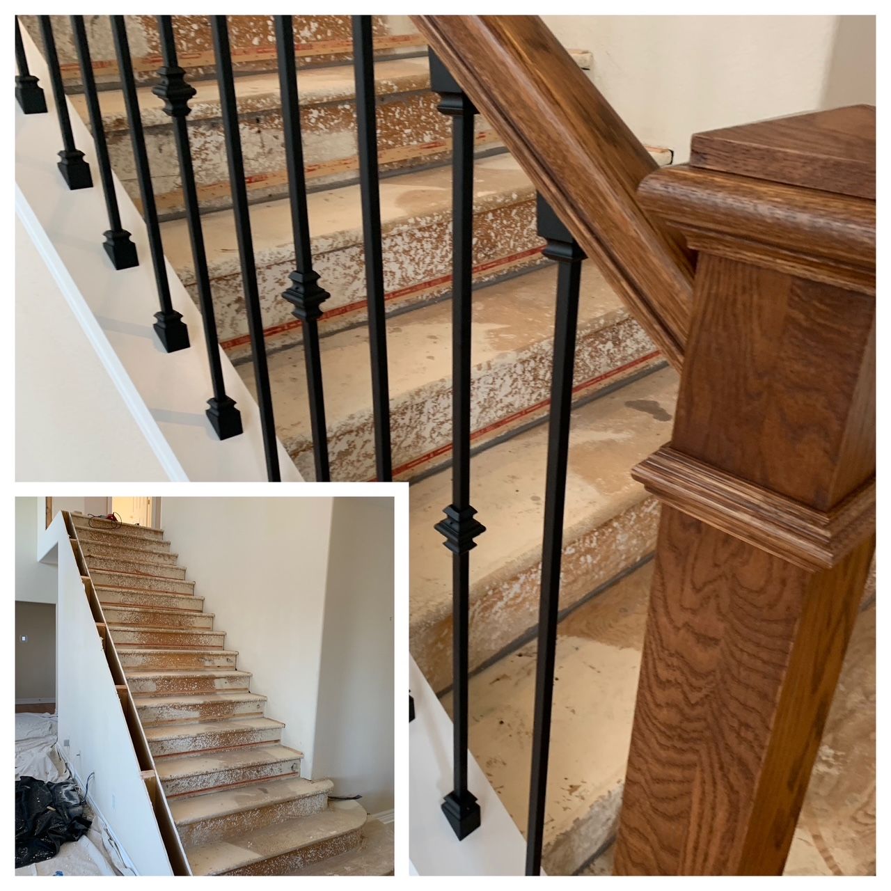 Custom Balusters before and after.  Customer elected to carpet stairs