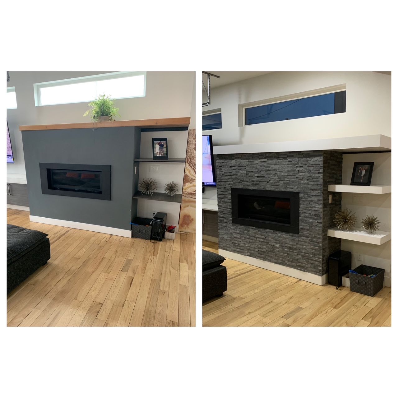 Updated stone fireplace and mantel refinsh 
