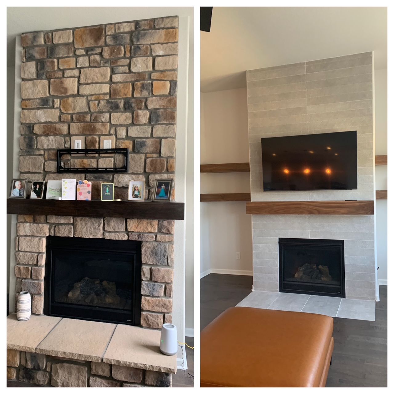New tile fireplace and custom mantel and shelves.  White oak wood