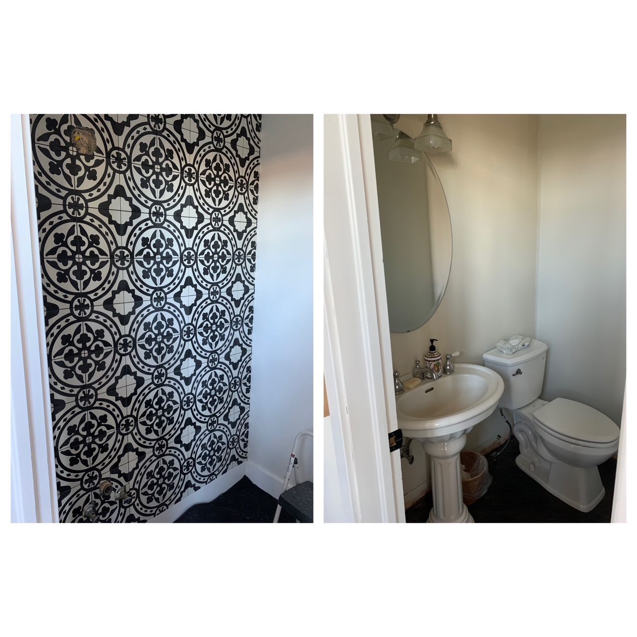 Powder bathroom update with tile wall and custom sink