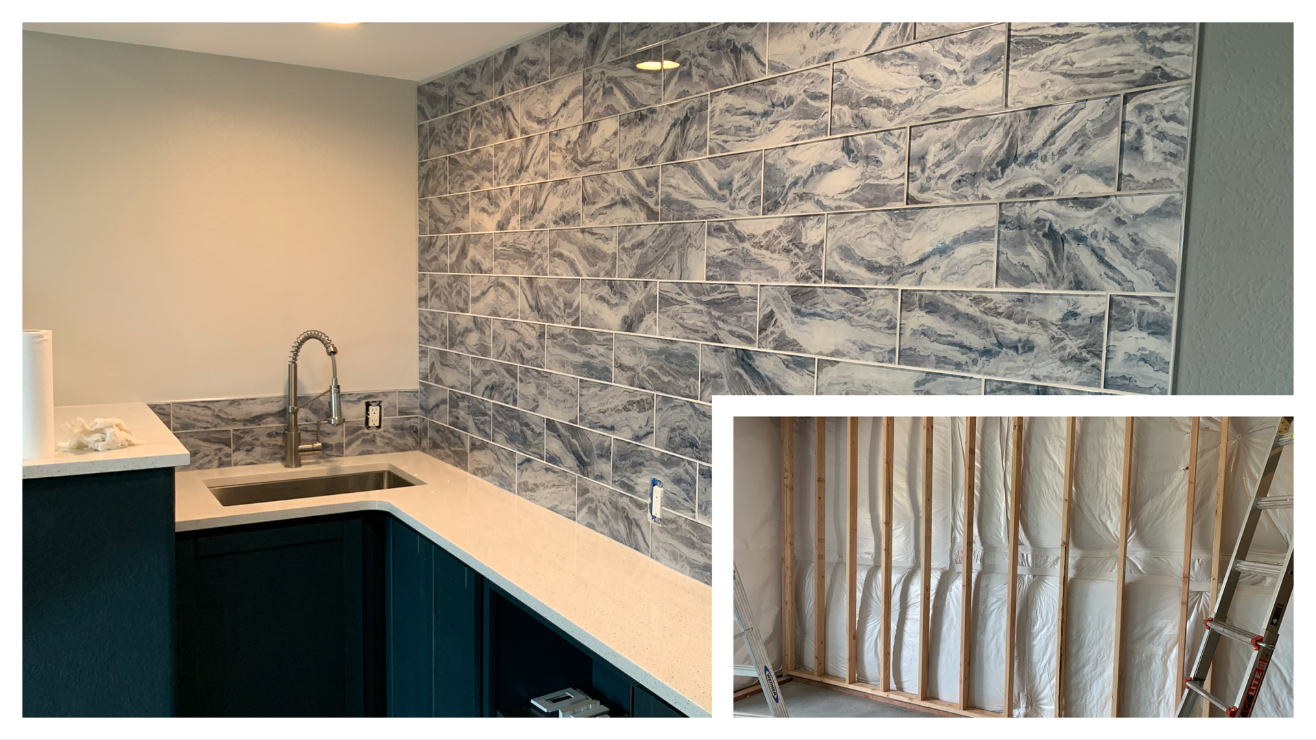 Updated basement with wet bar and tile, cabinets